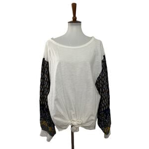 Umgee Womens Balloon Sleeve Paisley Floral Back Tie Front Top White XL